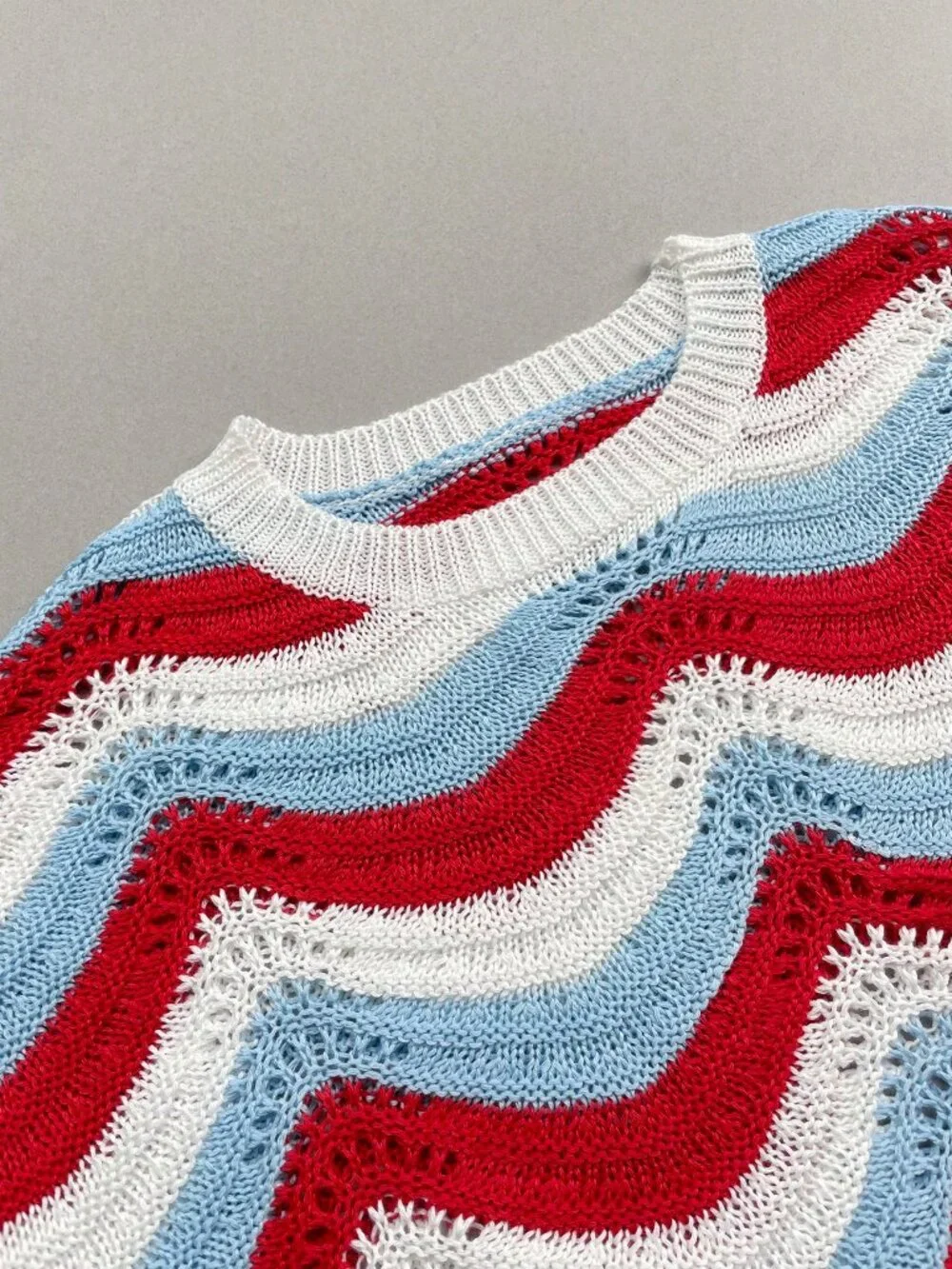 Multicolor Hollow Crochet Knit Women's Short Sleeve Top & Shorts Set